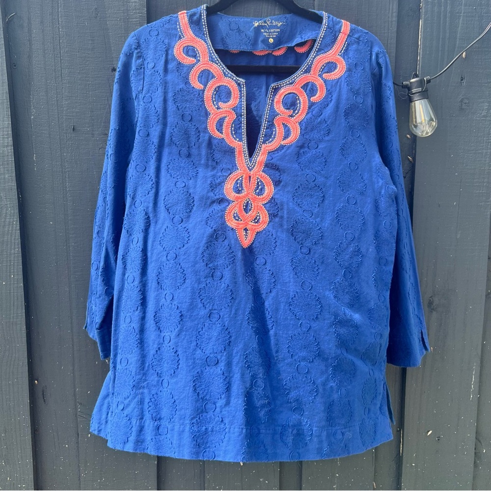 Lilly Pulitzer Amelia Island Navy Blue Tunic with Coral Embroidery
